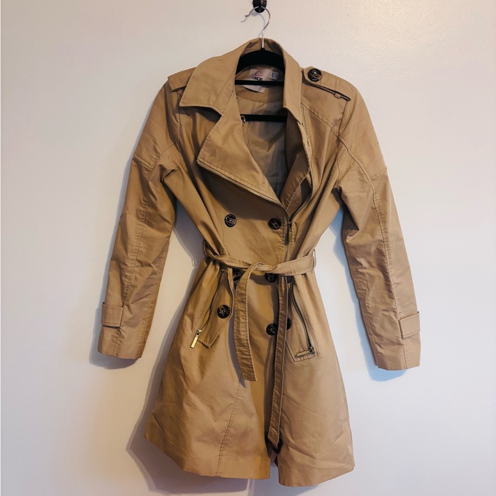 ASOS tan trench coat, lined with double line of buttons in the front and